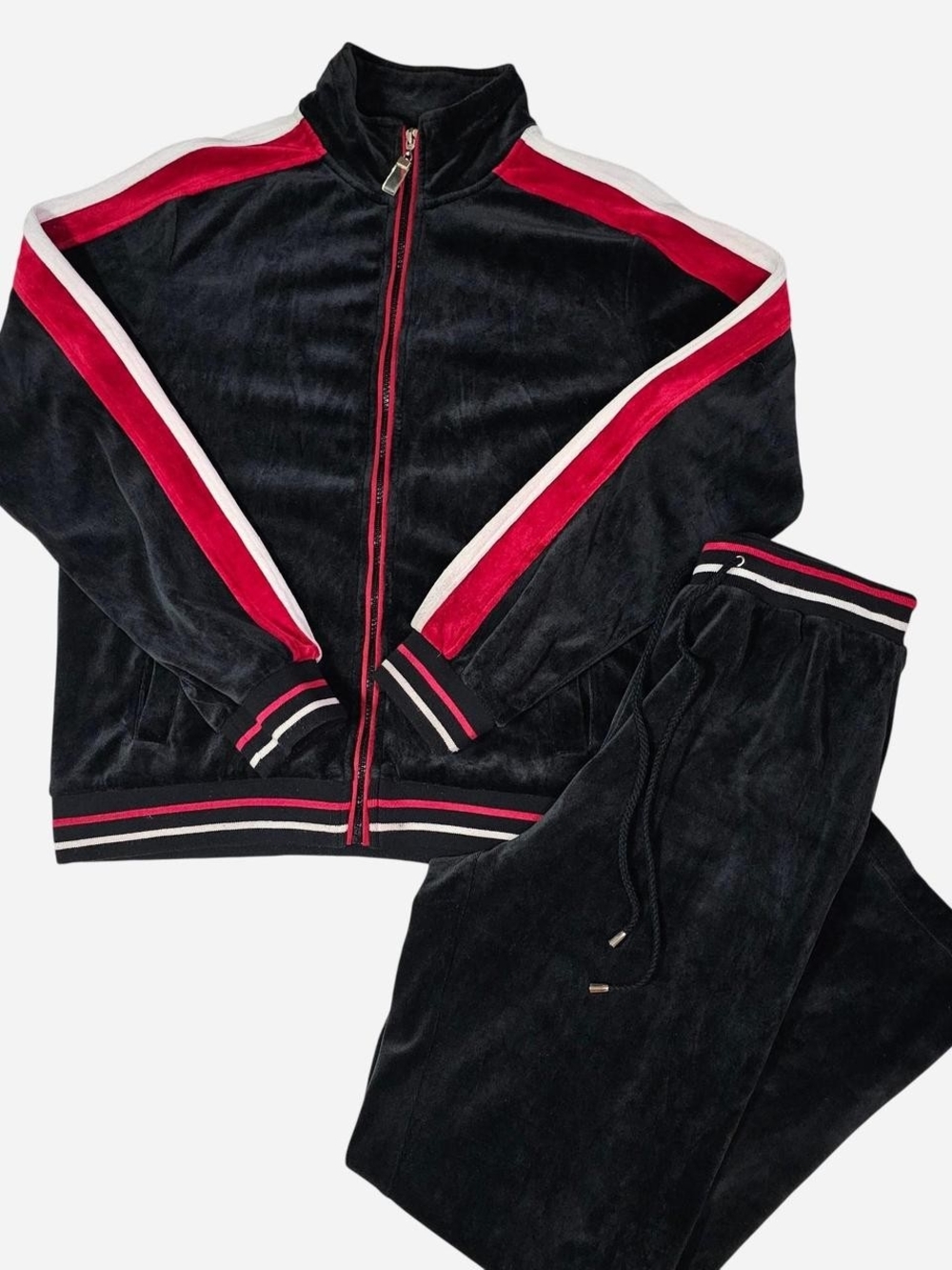 2000 Vintage dressbarn Black Velour Track Set with Red and White Stripes